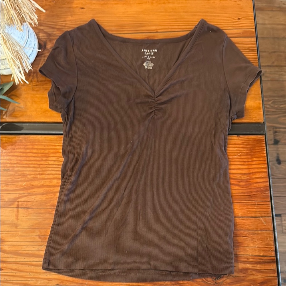 American Eagle Outfitters Brown Ruched Fitted Tee